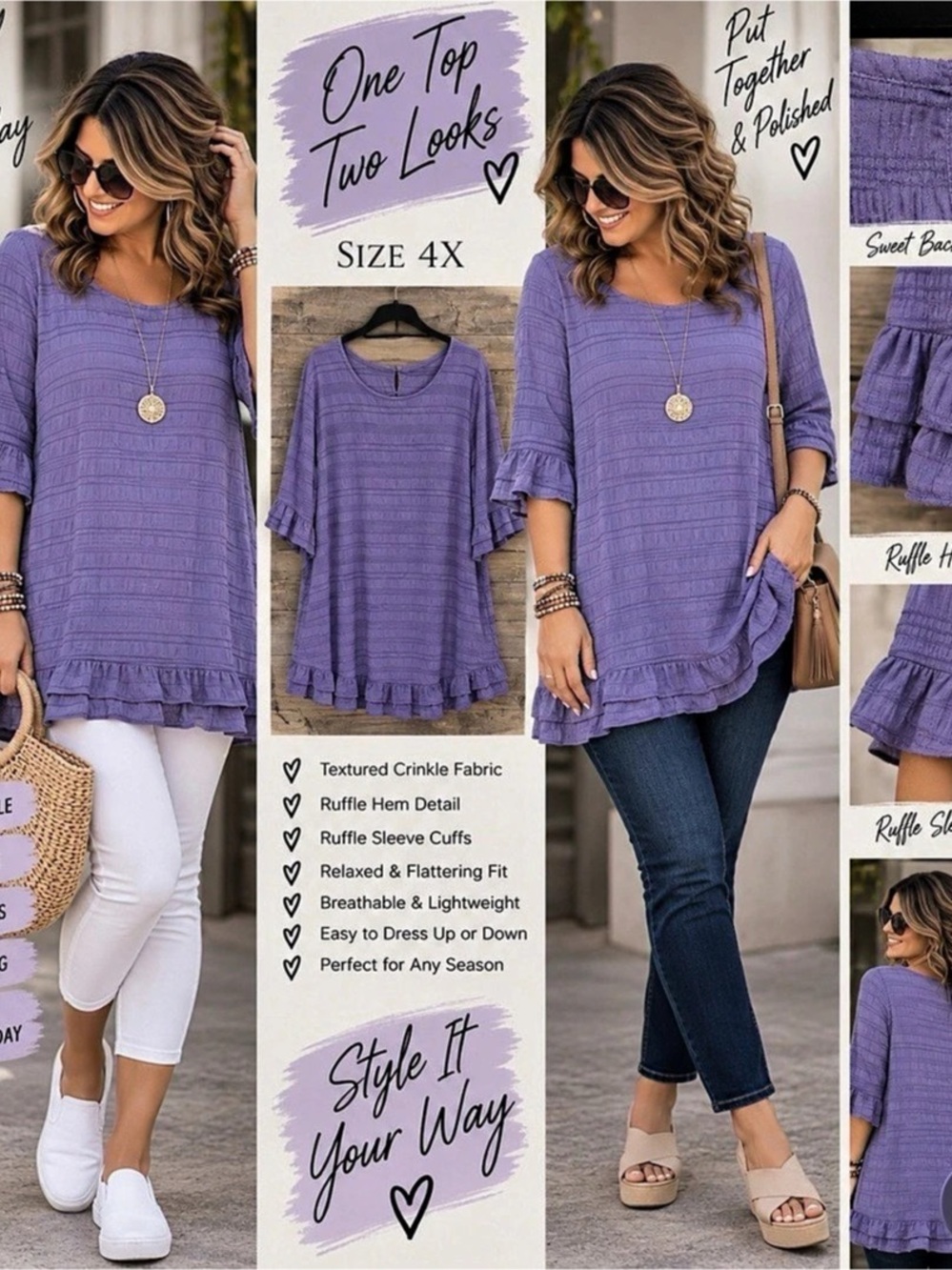 Textured Ruffle Tunic in Purple Size 4X
